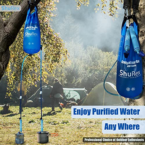 ShuRex Gravity Fed Water Filtration System with Adjustable Tree Strap, Large Gravity Bag with Filter Straw, Water Purifier Survival for Travel, Backpacking, and Emergency Preparedness (12L)