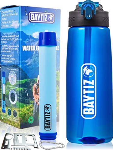 BAYTIZ | Water Filter Bottle 1500 L - Water Purifier Survival - Filtered Water Bottles for Travel - Hiking Camping Filters Straw Outdoor Purification High Filtration Portable Filtering Drinking System