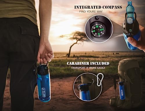 BAYTIZ | Water Filter Bottle 1500 L - Water Purifier Survival - Filtered Water Bottles for Travel - Hiking Camping Filters Straw Outdoor Purification High Filtration Portable Filtering Drinking System