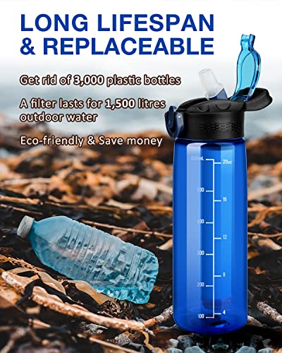 SimPure Filtered Water Bottle, BPA Free Water Bottle with Filter Replaceable 4-Stage Filter Straw, Portable Water Filter Bottle for Camping, Hiking, Backpacking, Travel and Tap Water