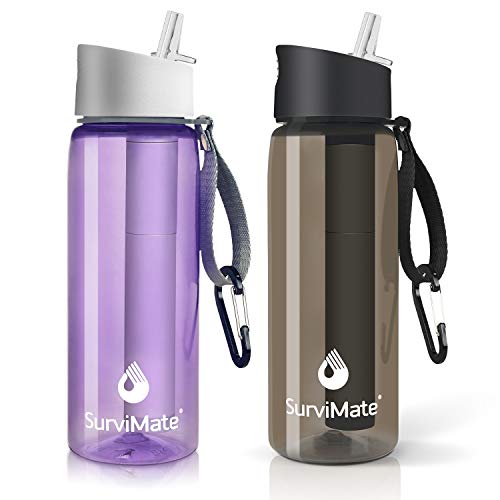 SurviMate Purified Water Bottle for Camping, Hiking, Backpacking and Travel, BPA Free with 4-Stage Intergrated Filter Straw