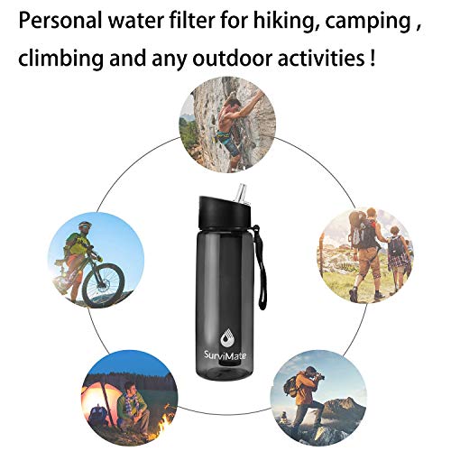 SurviMate Purified Water Bottle for Camping, Hiking, Backpacking and Travel, BPA Free with 4-Stage Intergrated Filter Straw