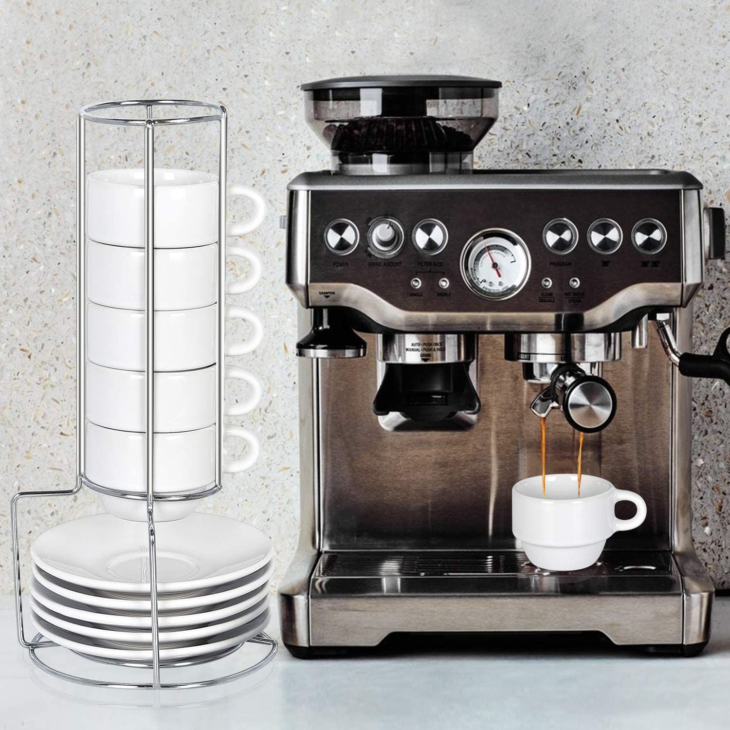 6 Modwnfy Espresso Cups & Saucers, 2.5oz White