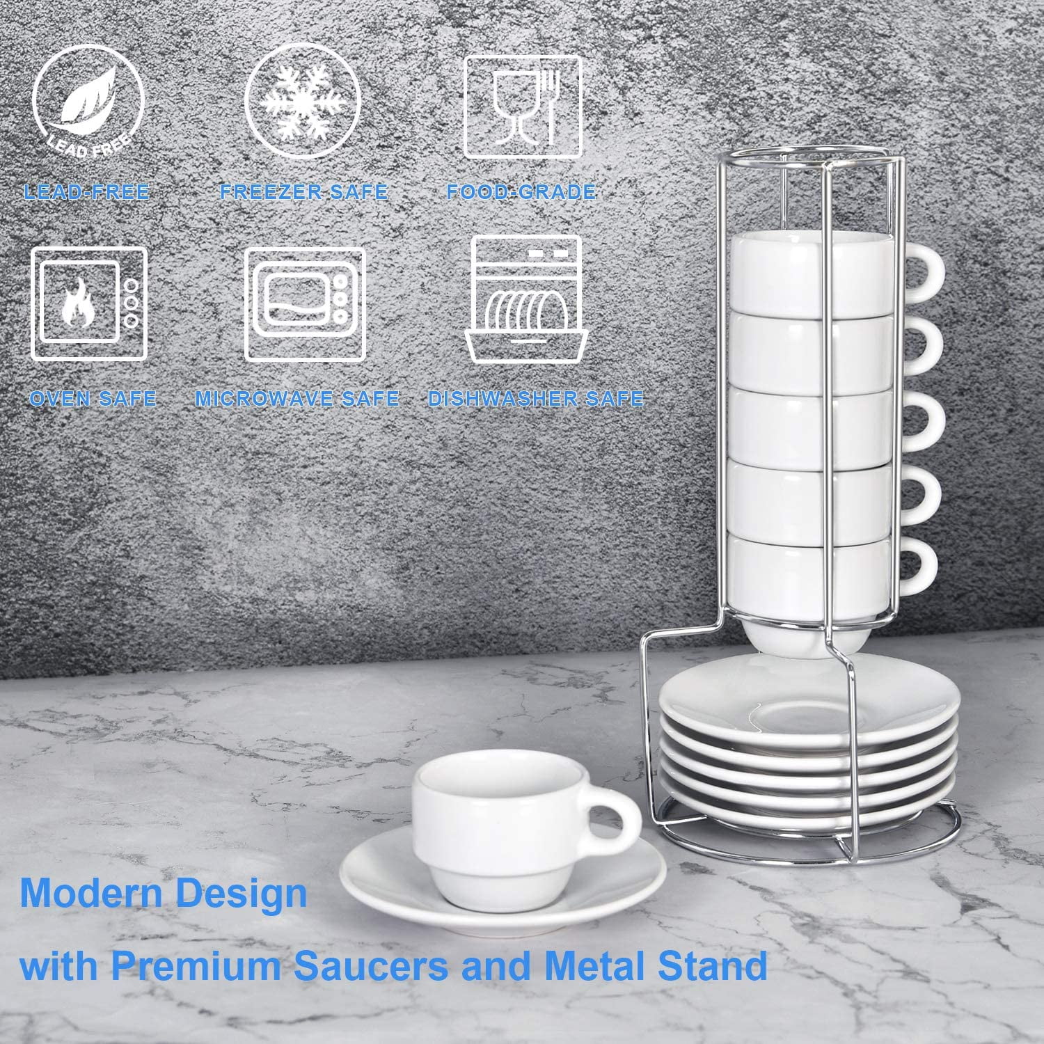 6 Modwnfy Espresso Cups & Saucers, 2.5oz White
