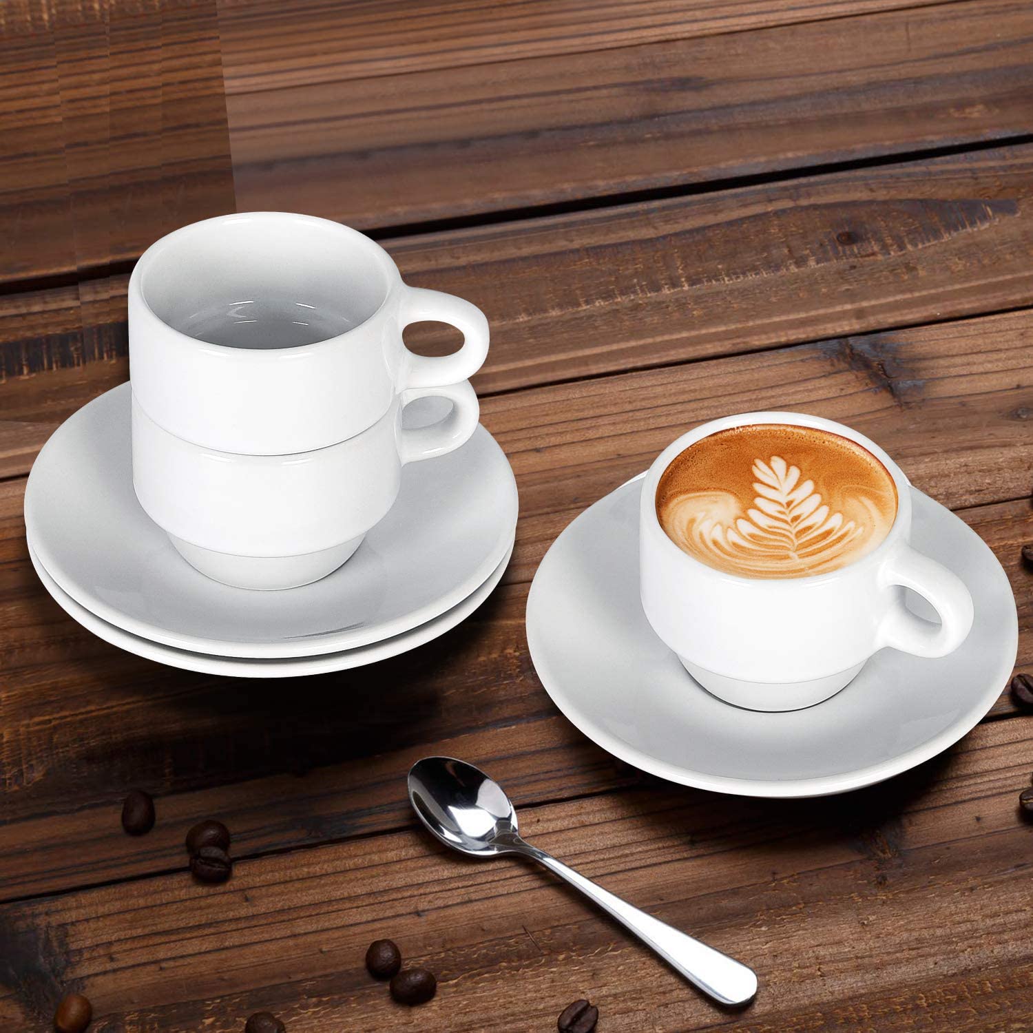 6 Modwnfy Espresso Cups & Saucers, 2.5oz White