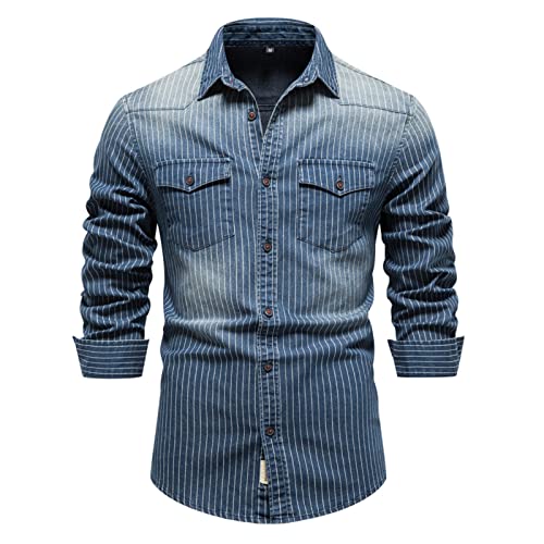 WINDEHAO Men's Striped Denim Cotton Shirt,Long Sleeve Washed Cowboy Shirt,Casual Slim Fit Button Cardigan Jacket with Two Pockets (Blue,M)