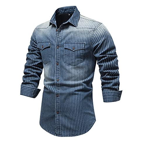 WINDEHAO Men's Striped Denim Cotton Shirt,Long Sleeve Washed Cowboy Shirt,Casual Slim Fit Button Cardigan Jacket with Two Pockets (Blue,M)