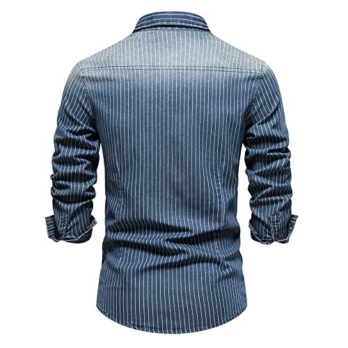 WINDEHAO Men's Striped Denim Cotton Shirt,Long Sleeve Washed Cowboy Shirt,Casual Slim Fit Button Cardigan Jacket with Two Pockets (Blue,M)