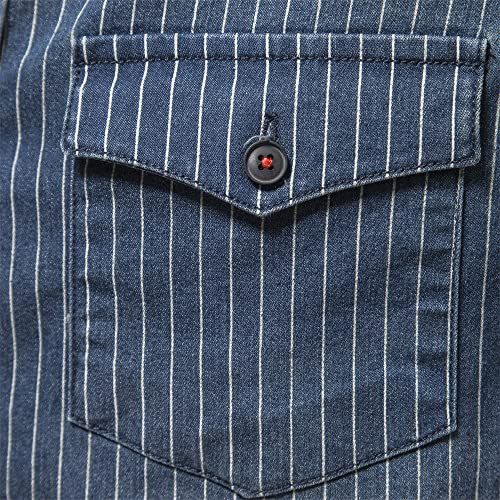 WINDEHAO Men's Striped Denim Cotton Shirt,Long Sleeve Washed Cowboy Shirt,Casual Slim Fit Button Cardigan Jacket with Two Pockets (Blue,M)