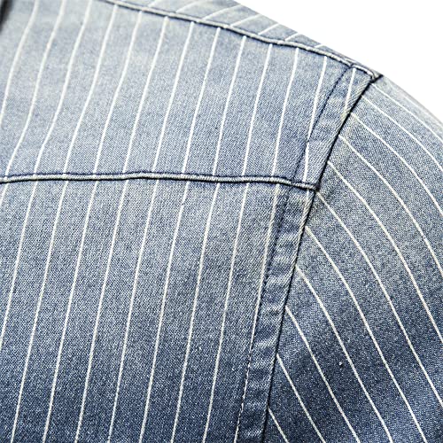 WINDEHAO Men's Striped Denim Cotton Shirt,Long Sleeve Washed Cowboy Shirt,Casual Slim Fit Button Cardigan Jacket with Two Pockets (Blue,M)