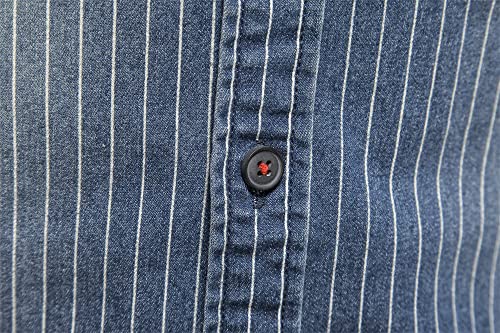 WINDEHAO Men's Striped Denim Cotton Shirt,Long Sleeve Washed Cowboy Shirt,Casual Slim Fit Button Cardigan Jacket with Two Pockets (Blue,M)