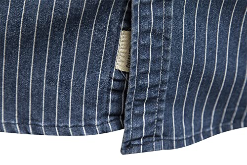WINDEHAO Men's Striped Denim Cotton Shirt,Long Sleeve Washed Cowboy Shirt,Casual Slim Fit Button Cardigan Jacket with Two Pockets (Blue,M)