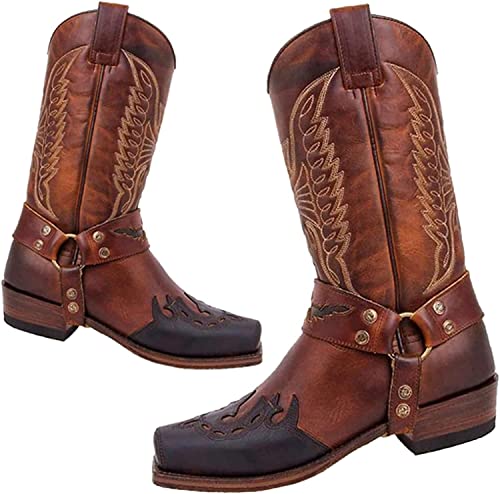 Distressed Embroidered Cowboy Work Boots for Men