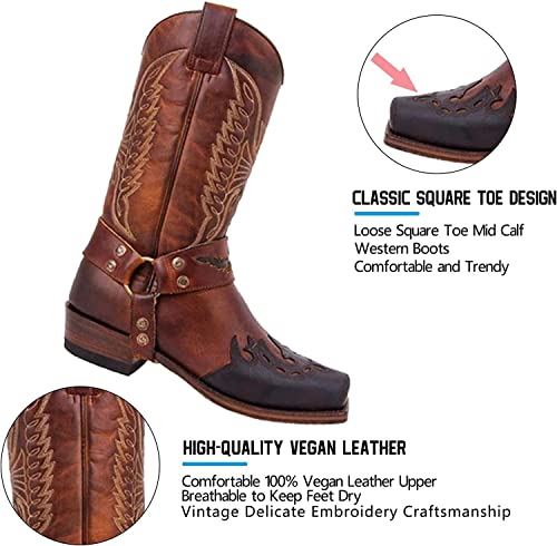 Distressed Embroidered Cowboy Work Boots for Men