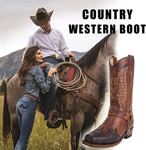 Distressed Embroidered Cowboy Work Boots for Men