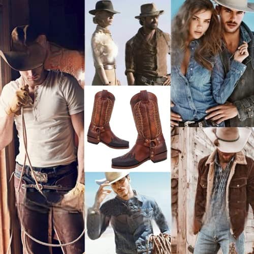 Distressed Embroidered Cowboy Work Boots for Men