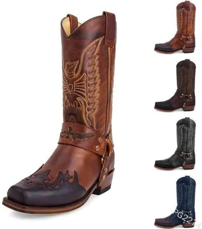 Distressed Embroidered Cowboy Work Boots for Men