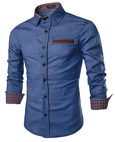 COOFANDY Men's Denim Cowboy Shirt Checked Collar XL