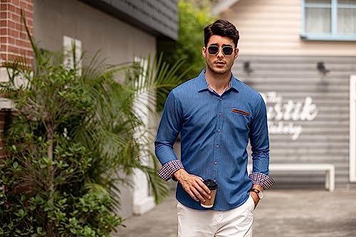 COOFANDY Men's Denim Cowboy Shirt Checked Collar XL