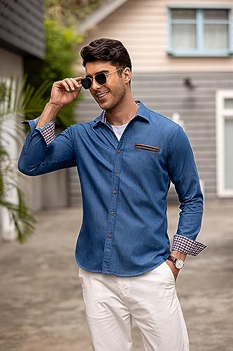 COOFANDY Men's Denim Cowboy Shirt Checked Collar XL