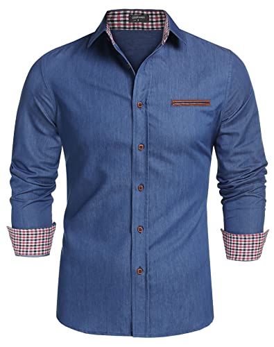 COOFANDY Men's Denim Cowboy Shirt Checked Collar XL