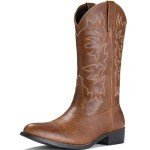 Brown Embroidered Snip Toe Cowboy Boots for Men