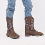 Men's Embroidered Round Toe Cowboy Boots - A-Brown