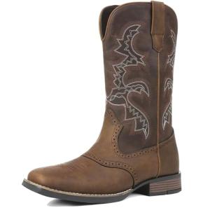 Men's Embroidered Round Toe Cowboy Boots - A-Brown