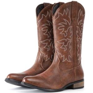 Brown Embroidered Snip Toe Cowboy Boots for Men