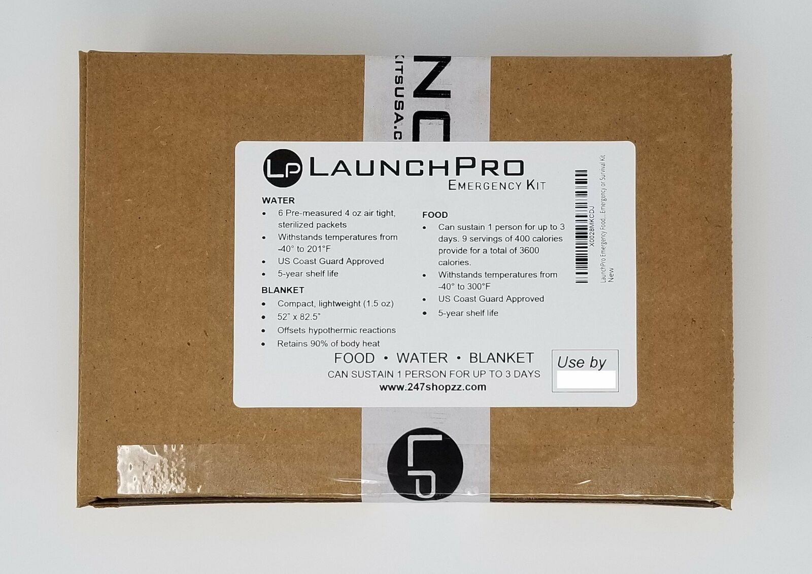 LaunchPro Emergency Kit: Food, Water, Thermal Blanket - Expires 02/28/30