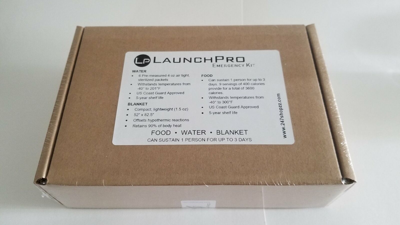 LaunchPro Emergency Kit: Food, Water, Thermal Blanket - Expires 02/28/30