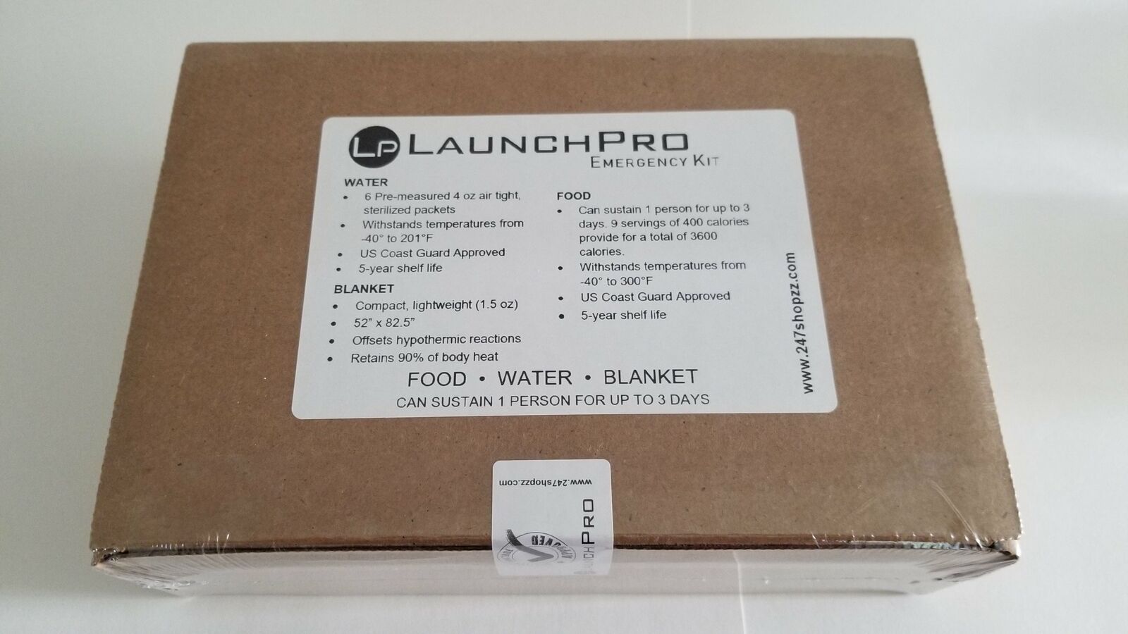 LaunchPro Emergency Kit: Food, Water, Thermal Blanket - Expires 02/28/30
