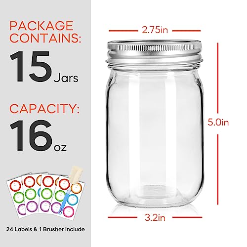 16 oz Mason Jars with Lids, 15 Pack