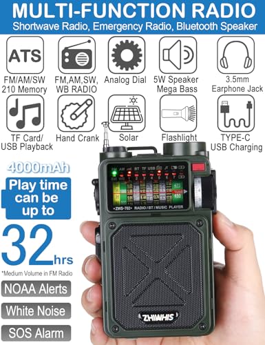 Bluetooth Shortwave Radio with Solar, Hand Crank & NOAA