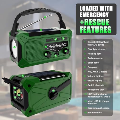 10KmAh Crank Radio: Flashlight, Weather Alert, Phone Charger