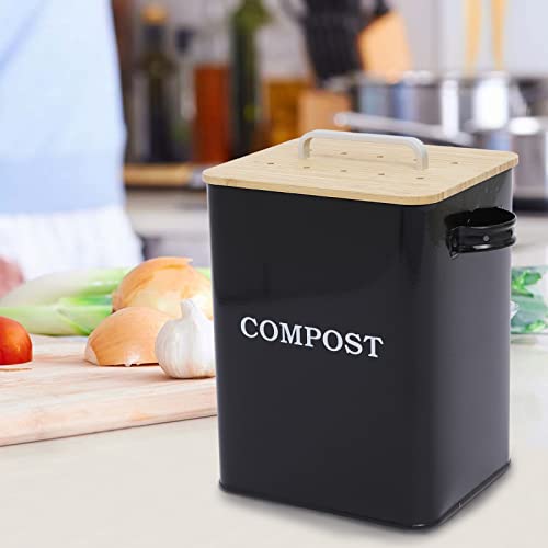 Metal Countertop Compost Bin with Wooden Lid - 6.5L