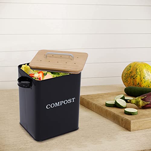 Metal Countertop Compost Bin with Wooden Lid - 6.5L