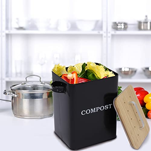 Metal Countertop Compost Bin with Wooden Lid - 6.5L