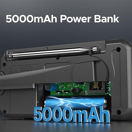 5000mAh Crank Emergency Radio: Weather, Solar, Alarm, Charger
