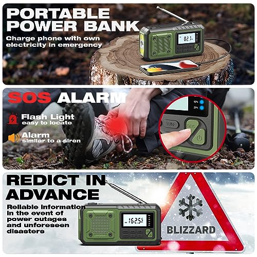 5000mAh Crank Emergency Radio: Weather, Solar, Alarm, Charger