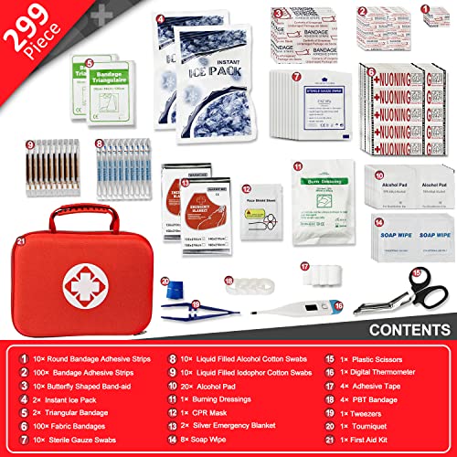 299PC Portable Red First Aid Kit - Camping, Hiking, Emergency