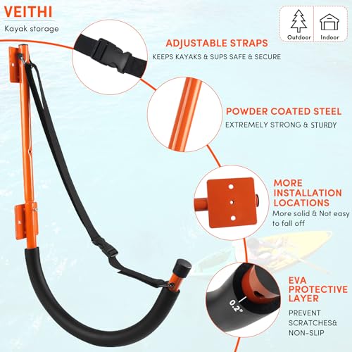 VEITHI Kayak Wall Mount Orange, Heavy Duty Steel