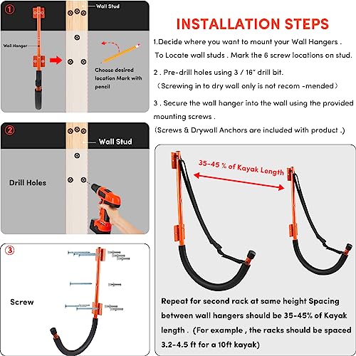 VEITHI Kayak Wall Mount Orange, Heavy Duty Steel