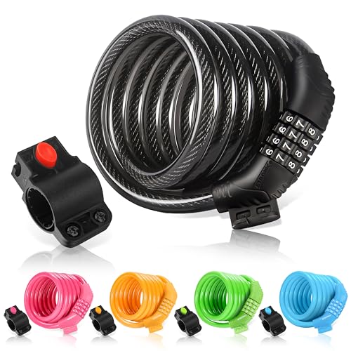 Resettable bike cable lock, 6ft x 3/8in, black