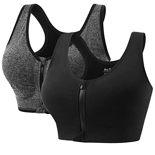 AoToZan Women's Front Zip Sport Bras - Black Grey, XL