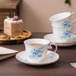 Set of 4 Blue Ceramic Tea Cups and Saucers