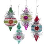 Retro Tinsel Christmas Glass Ornaments Set of 4