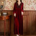 Velvet V Neck Nightgown in Burgundy for Women