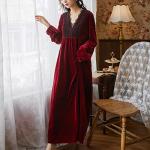 Velvet V Neck Nightgown in Burgundy for Women