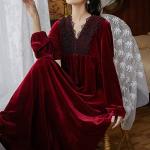 Velvet V Neck Nightgown in Burgundy for Women